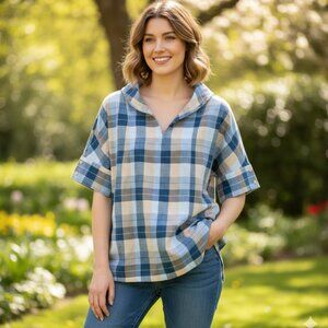 LINTCO Linen Short Sleeve Top Womens XL Blue Check‎ Relaxed Fit Collar